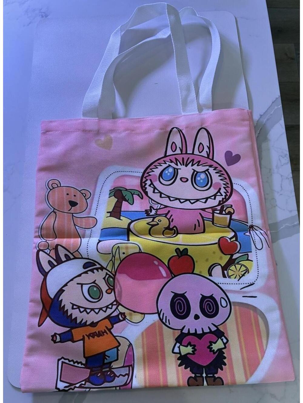 Cute Pink Monster Tote Bag Kawaii Cartoon Shoulder Bag Kids Gift Canvas